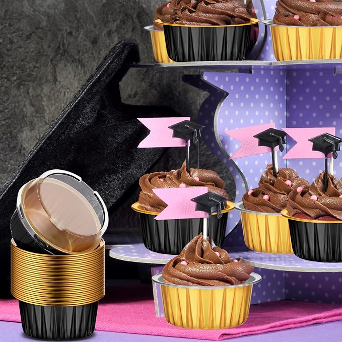 120 Pcs Aluminum Foil Baking Cups Mini Cake Pans with Lids 5 oz Cupcake Liners Disposable Muffin Tins Wrappers Baking Foil Ramekins Pans Aluminum Cupcake Cups for Birthday Party(Black, Gold)