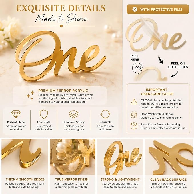 6Pcs One Cake Topper,1st Birthday Cupcake Topper,Gold Acrylic Cake Topper Cupcake Toppers,Number 1 Cake Decor Suitable for Girl Boy 1st Birthday Party