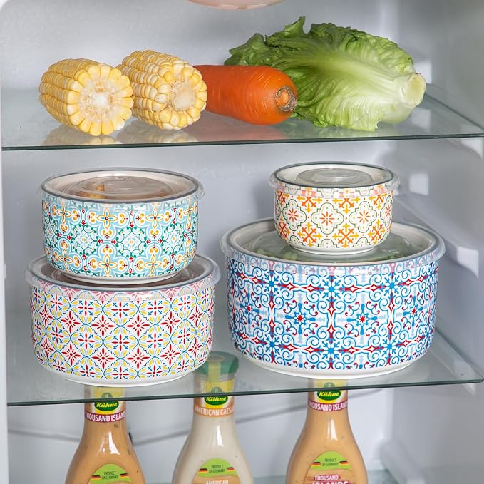 Ceramic Nesting Bowl Set with Lids, Microwave Safe, Set of 4 | Mixing Bowls & Food Storage Containers for Kitchen Prep & Serving (50/32/20/10 oz)