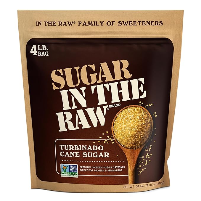 Sugar In The Raw Granulated Turbinado Cane Sugar, No erythritol, Pure Natural Sweetener, Hot & Cold Drinks, Coffee, Cooking, Baking, Vegan, Gluten-Free, Non-GMO, Bulk Sugar, 4lb Bag (1-Pack)