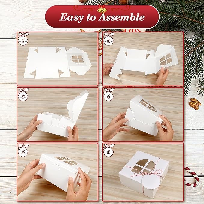 COTOPHER 18Pcs Christmas Cookie Boxes with Window, 6x6x3 inch White Bakery Boxes for Gift Giving, Small Treat Boxes for Cake Donuts Chocolate Strawberries Pastries Muffins