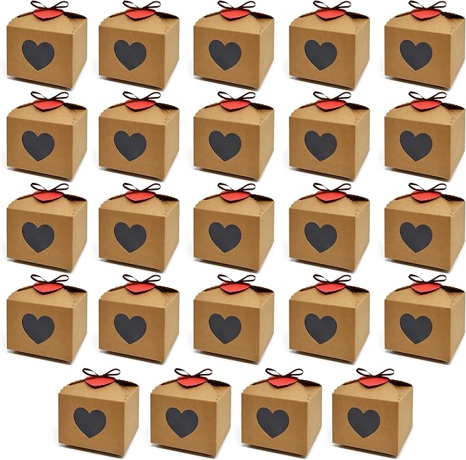 Gift Boutique Heart Gift Boxes 24 Pack Kraft Paper Favor Boxes with Heart Window Ribbon and Tags for Candy Cookies Treats Weddings Showers Party Favors