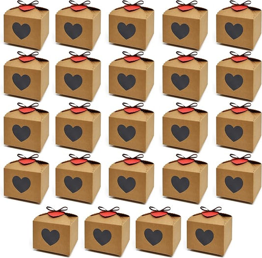 Gift Boutique Heart Gift Boxes 24 Pack Kraft Paper Favor Boxes with Heart Window Ribbon and Tags for Candy Cookies Treats Weddings Showers Party Favors