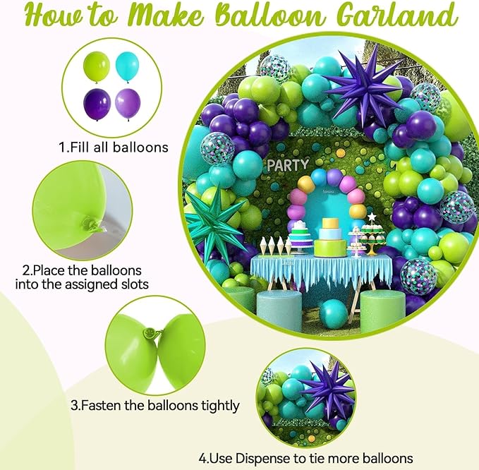 Green Purple Teal Balloon Arch Kit, Fruit Green Purple Teal Blue Confetti Birthday Balloons with Star Foil Balloons for Boy Girl Birthday Party Decorations Baby Shower Graduation Backdrop