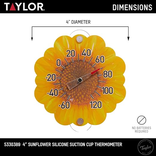 Taylor Sunflower Dial Thermometer, 4-Inch Indoor Outdoor Silicone Suction Cup Thermometer, Weather-Resistant Temperature Gauge for Patio, Pool, Garden, or Garage, Yellow