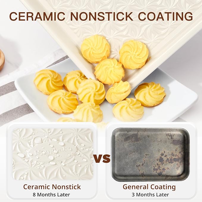 HONGBAKE Ceramic Coated Baking Sheet Pan Set of 3 with Floral Texture | Nonstick Aluminized Steel Cookie Sheets, Half, Quarter and Jelly Roll Pans, Shallow Oven Trays, 0.8mm Thick