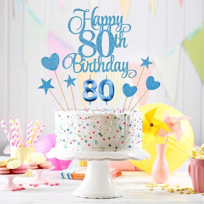 80th Birthday Cake Decorations, 80th Birthday Candles Cake Numeral Candles and Glitter Happy 80th Birthday Cake Toppers Set for Birthday Party Supplies (Blue)
