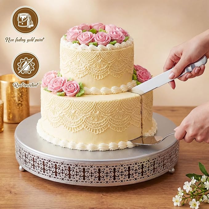 Wenqik Silver Cake Stand 14 Inch Metal Round Cupcake Dessert Wedding Cake Stand with Cutting & Spatula Cookies Display Holder Fruit Serving Tray for Table Wedding Birthday Anniversary Party