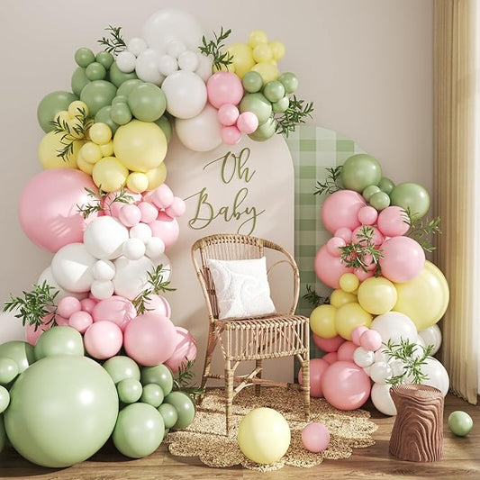Sage Green Pink Yellow Pastel Balloon Arch Kit, 124Pc Dusty Green Macaron Blue and White Balloons for Goose Birthday Gender Decorations Baby Shower Wedding Decor