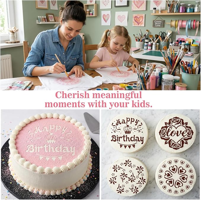 4Pcs Happy Birthday Cake Stencil, Patterns Hearts Floral for Baking | 4Pcs cake stencils:Happy Birthday,Hearts,Love,Floral.Food-grade PET,reusable,smooth edges.For fondant,buttercream,cookies