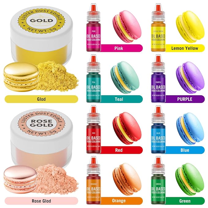 Oil Based Food Coloring and Luster Dust Set, Edible Food Coloring and Shimmer Cake Dust Metallic Powder Glitter for Chocolate Candy Cake Decorating Baking