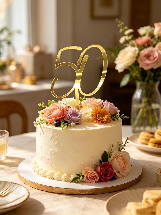 Happy 50th Birthday Cake Topper,Gold Number 50 Cake Decoration,50 Cake Topper,Fifty Cake Topper,50th Theme for Golden Wedding Birthday Anniversary Celebration Ideas Cake Decorating Supply, Acrylic