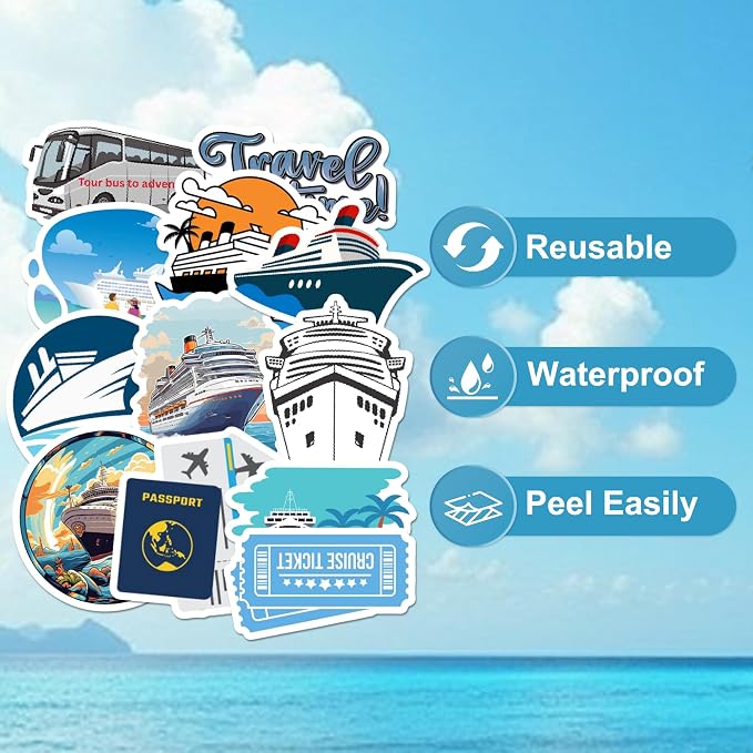 50 Pcs Cruise Travel Stickers for Scrapbooking, Waterproof Vinyl Nautical Ocean Stickers for Laptops Water Bottles Journals, Blue Aesthetic Cruise Ship Decals for Adults