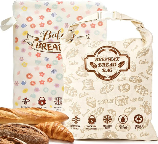 2 Pack Beeswax Bread Bags for Sourdough Homemade Bread, Organic Linen Reusable Natural Bread Storage Bag, Keep Fresh Moisture, Freezer-Friendly, Large Capacity Food Storage Cloth Bag
