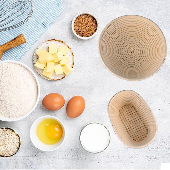 Sourdough Bread Baking Supplies, 2 Pack Banneton Bread Proofing Basket with Liners- 10" Round & 8" Oval, Brotform Proofing Baskets Ideal for Sourdough and Artisan Bread Making