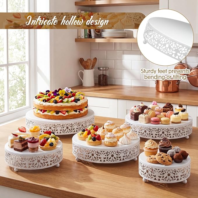Wenqik 5 Pcs Metal White Cake Stand 16/14/12/10/8 Inch Round Cake Holder Display for Dessert Table Cookies Fruit Serving Tray Cupcake Pastry Riser for Wedding Birthday Party and Events