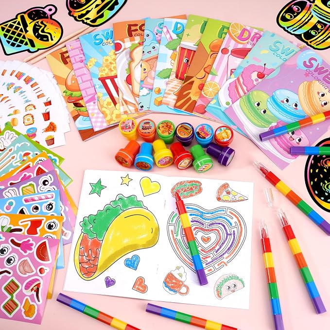 BenLouis 168 Pcs Fast Food Party Favors Food Coloring Books Bulk for Kids Classroom Pizza Birthday Gift Party Food Drink Candy Goodie Bag Fillers Donut Gift Decor Pinata Prize Activity Supplies