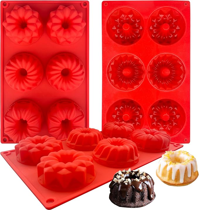 Mini Bundt Cake Pan,6-Cavity Fluted Tube Cake Pan, Non Stick Silicone Fancy Baking Molds for jello, Cupcake, Doughnut, Cornbread, Brownie (Red,Set of 3)