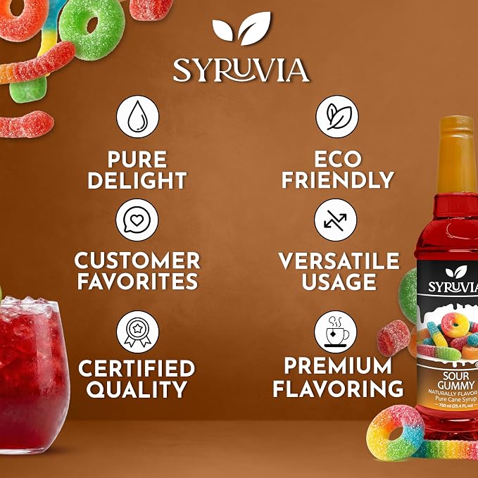 Syruvia Sour Gummy Syrup, Naturally Flavored Syrup for Specialty Drinks, Lemonades, Iced Teas, and Desserts – 25.4 fl oz - with Pump