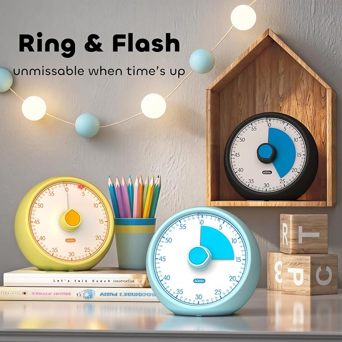 Visual Timer for Kids 60-Minute Countdown Timer with Optional Alarm, Focus Tool for ADHD & Autism, Time Management for Homework, Chores, Office, Kitchen, Teaching & Study Routines (Yellow)