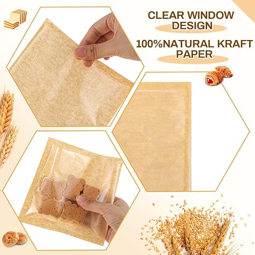 Outus 100 Pcs Cookie Packaging Bags with Seal, 6 x 6 Inch Bakery Pastry Bags with Window, Heat Sealable Grease Resistant Paper to Go Bake Sleeves for Gift Giving Donut Bread Sandwich (Brown)