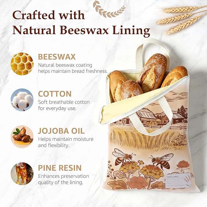 2 Pack Beeswax Bread Bags for Sourdough, 17x13 Inch Reusable Cotton Bread Storage Bags with Zipper and Handle Natural Beeswax Lining Freezer Friendly with 10 Food Labels Included (Farm Bees)