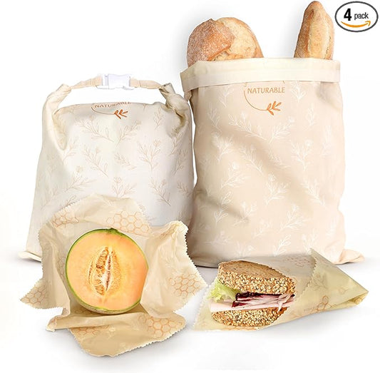 Beeswax Bread Bag for Homemade Bread & Beeswax Wrap Set, 2 XL Sourdough Bread Bags + 2 Beeswax Wraps for Food | Keep Bread Fresh, Breathable, Reusable & Less Waste Storage for Home Bakers (Beige)