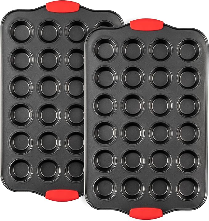 Tiawudi Mini Muffin Pan, 24 Cavity Cupcake Pan, Nonstick Baking Pan, Heavy Duty Small Muffin Tin with Silicone Grip Handles, Set of 2