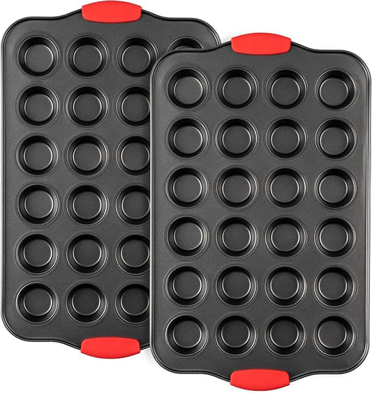 Tiawudi Mini Muffin Pan, 24 Cavity Cupcake Pan, Nonstick Baking Pan, Heavy Duty Small Muffin Tin with Silicone Grip Handles, Set of 2