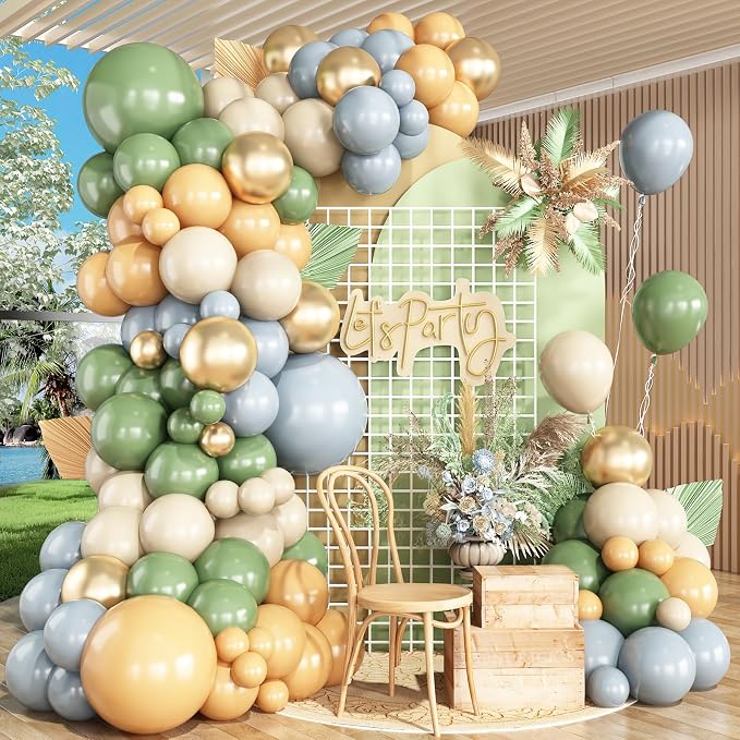 Blue Yellow Green Balloon Arch Kit, 139Pcs Dusty Blue Sage Green Yellow Gold Cream Balloons for Birthday Baby Shower for Boy Gender Reveal Party Decorations
