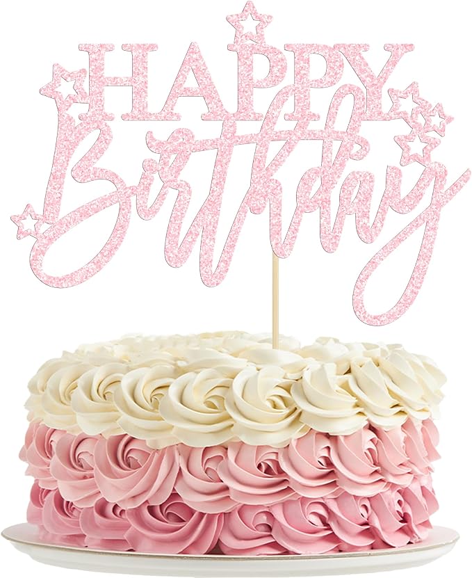 Gyufise 1Pcs Happy Birthday Cake Topper Glitter Happy Birthday Cake Pick for Celebrating Happy Birthday Anniversary Theme Party Cake Decorations Supplies Pale Pink