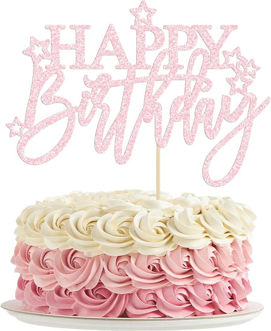 Gyufise 1Pcs Happy Birthday Cake Topper Glitter Happy Birthday Cake Pick for Celebrating Happy Birthday Anniversary Theme Party Cake Decorations Supplies Pale Pink