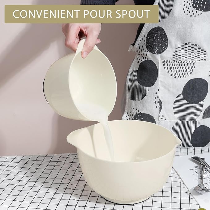 BoxedHome 4.5 Quart Large Plastic Mixing Bowls, Microwave Safe Mixing Bowl Set with Pour Spout, Nesting Bowls for Space Saving Storage(Beige)
