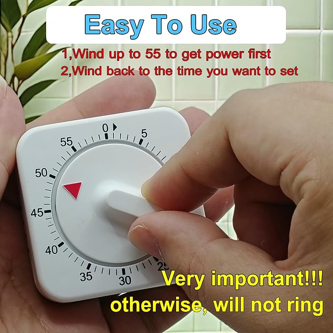 Square 60 Minute Mechanical Kitchen Timer - Visual Kitchen Cooking Timer Clock with Loud Alarm - No Batteries Required-Manual Countdown Timer for Classroom, Home, Study and Cooking (White)
