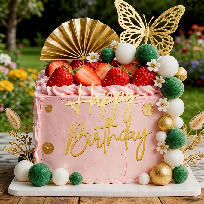 Ouligay 1PCS Gold Happy Birthday Cake Topper Gold Acrylic Happy Birthday Cake Sign Cupcake Topper Party Decorations Supplies for Anniversary, Bridal Shower, Party Desserts Pastries Supplies
