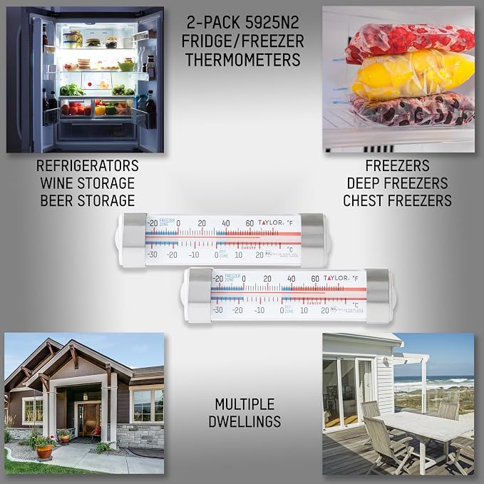 Taylor Large Dial Kitchen Refrigerator/Freezer Kitchen Thermometer with Suction Cups, Refrigerator/Fridge Thermometer - 2 Pack