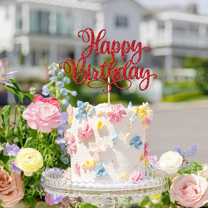1 PCS Happy Birthday Cake Topper Glitter Happy Birthday Cake Pick Bunting Decor for Anniversary Celebrating Happy Birthday Party Cake Decorations Supplies Red