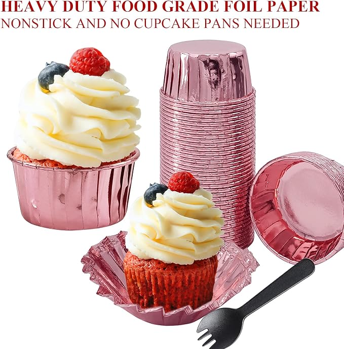 Foil Cupcake Liners Baking Cups With Lids 100 Pack,LNYZQUS 5.5 Oz Large Cupcake Tins Muffin Cups,Disposable Ramekins With Lids,Cupcake Wrappers Holders For Wedding Bakery,with Spoons-Rose Gold