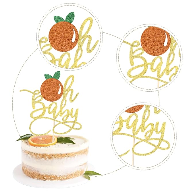 1 PCS Gold Oh Baby Cake Topper with Glitte Orange Little Cutie Cake Pick for Fruit Citrus Theme Gender Reveal Baby Shower Kids Birthday Party Decorations Supplies