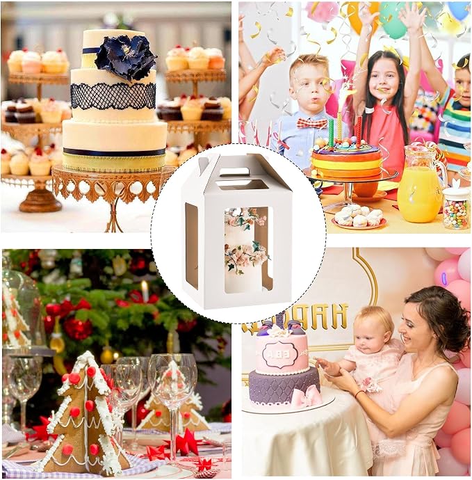 2 Pack Tall Cake Boxes for Tier Cakes,10x10x12 Inch Large Cake Box with windows,8in 10in White Bakery Box Disposable Layer Tall Cake Baking with Handle