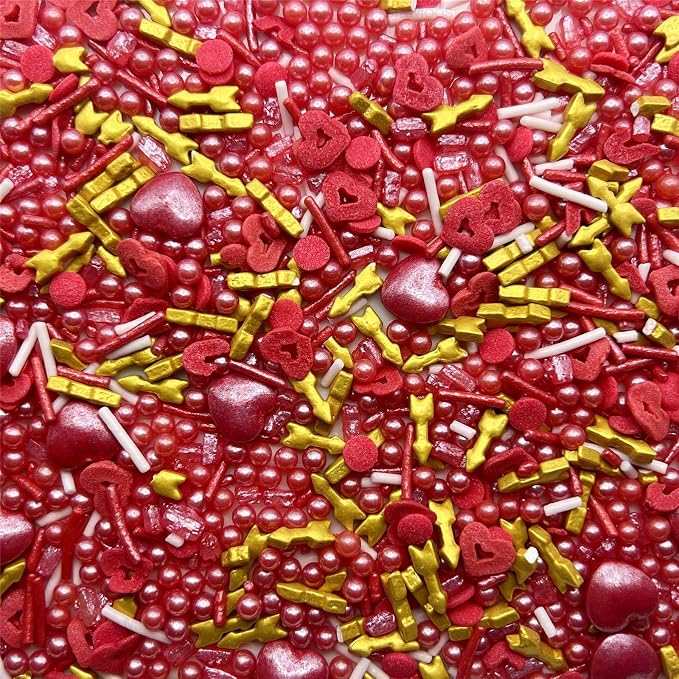 SE Si&Moos Edible Red Hearts and Cupid Arrows Valentines Sprinkles Heart Confetti Edible Sugar Pearls Red and Gold Sprinkles for Cake Decorating, Baking, Ice Cream, Cookies, Cupcake Toppers Party Baby Shower Holiday Supplies 3 OZ