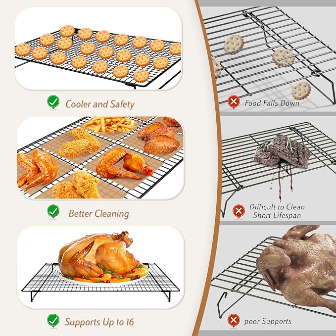 Stackable Cooling Racks 3-Tier 17x11in with 100 Parchment Papers | Heavy duty wire baking rack for cookies, cake, pizza & bacon. Collapsible for storage. Includes 4x4in non-stick sheets.