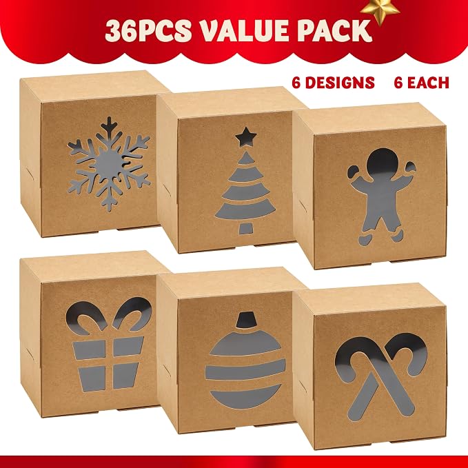 JOYIN 36 PCS Christmas Cookie Boxes for Gift Giving, Brown Bakery Treat Boxes with Window, 4" x 4" x 2.5" Gift Wrap Box for Xmas Holiday Party Favor Pastries, Cupcakes, Donuts, Brownies, Donuts