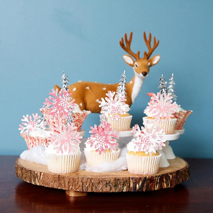 Gyufise 50Pcs Edible Snowflake Cupcake Cake Toppers Wafer Paper Snowflake Cake Decorations for Christmas Winter Frozen Theme Party Supply Decoration Multi Pink