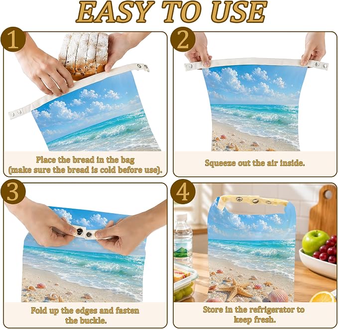 2 Pack Beeswax Linen Starfish Beach Bread Bags, Seashell Coast Reusable Fresh Keeping Bags for Sourdough & Baguette, Freezable Portable Bread Storage Container 17×13''