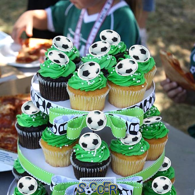 48 PCS Edible Soccer Ball Cupcake Toppers Wafer Paper Soccer Cupcake Picks Edible Football Cupcake Decorations for Sports Soccer Ball Theme Baby Shower Kids Birthday Party Cake Decoration Supplies