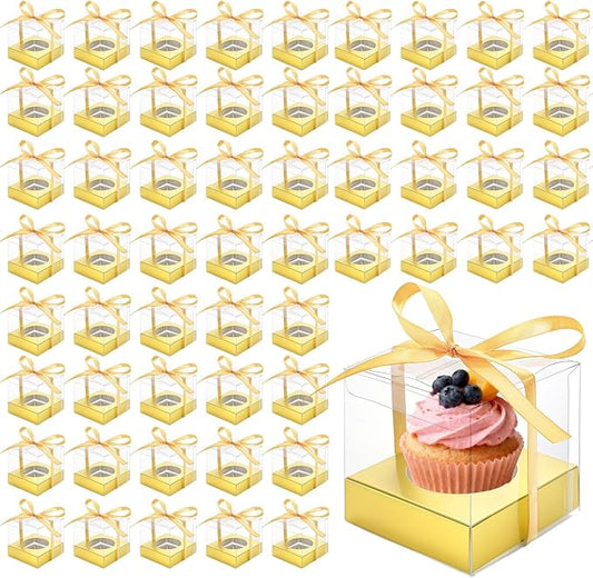 Cididu 48 PCS Clear Plastic Cupcake Boxes, 3.5 Inches Individual Cupcake Holder with Beige Ribbons Inserts, Disposable Single Ornament Gift Box Containers for Mother's Day Wedding Baby Shower Party