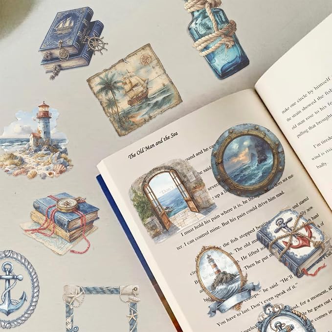 50Pcs Retro Nautical Stickers for Youth,Transparent Waterproof PET Aesthetic Ocean Sailing Decals,Crafts Decorative Colorful Sticker for Journaling Guitar Laptop Cars Phone Party Favors(Nautical)