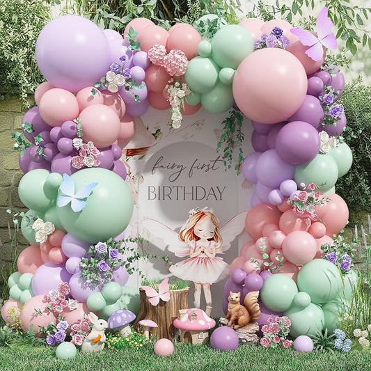 Fairy Wonderland Balloon Arch Kit, 128Pcs Pastel Pink Purple Green Balloon Garland Kit for Baby Girls Fairy First Birthday Spring Garden Tea Party Bride Baby Shower