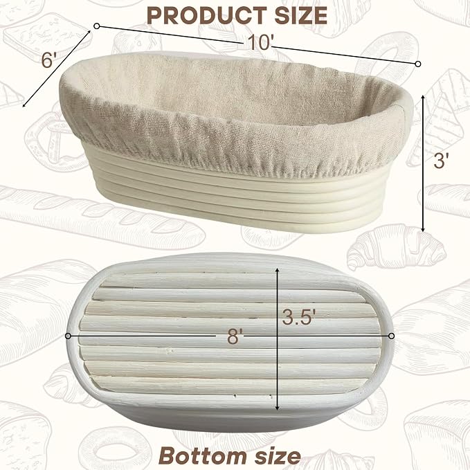 [Upgraded] Banneton Bread Proofing Basket 2 pack 10" Oval With Liner, Natural Rattan Bread Basket Perfect for Professional & Home Sourdough Bread Baking, Artisan Sourdough Bread. (Set 2 pack 10" Oval)